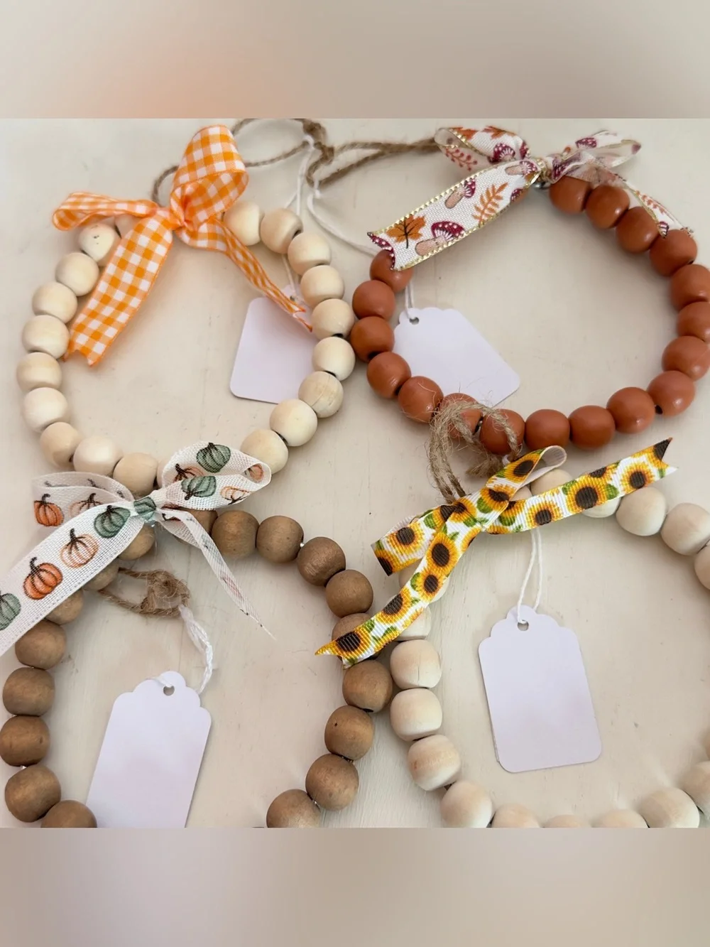 4 Handmade Fall Wood Beaded Wreath Ornaments